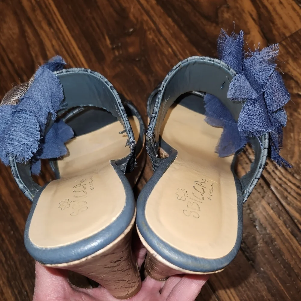 Sbicca Blue Silver Hotmark Flower Platform Wedge Heels Sz 7.5 EUC